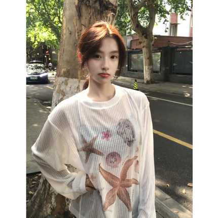 年野NIANYE美式复古贝壳印花长袖t恤女宽松设计感小众防晒上衣夏