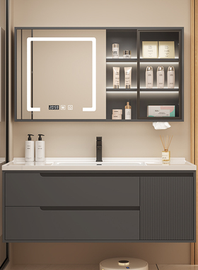 简约铁灰色实木浴室柜组合陶瓷一体盆卫生间洗脸盆柜洗漱台洗手盆