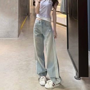 百搭款 KW2093 时尚 Adidas阿迪达斯三叶草女子复古宽松运动牛仔长裤