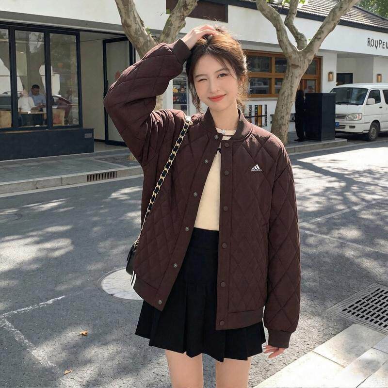 阿迪达斯轻薄棉服女棒球服秋冬复古宽松保暖防风棕色韩版加厚外套