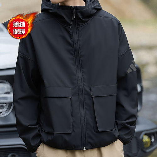 阿迪达斯男连帽防风加绒工装夹克