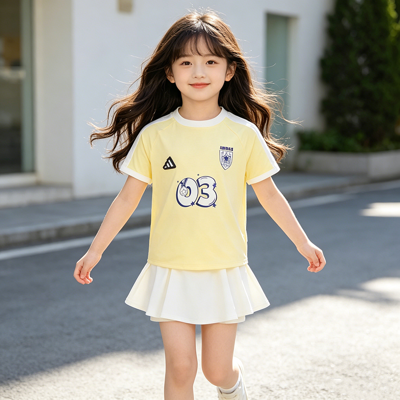 Adidas阿迪达斯童装2026夏季女小童凉感运动休闲透气短袖裙裤套装