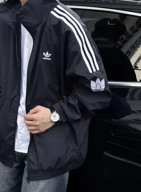 阿迪达斯三叶草正品男女韩版外套复古三条纹立领莲花夹克 JL8396