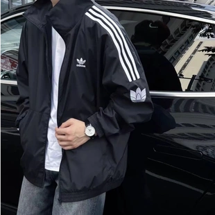 阿迪达斯三叶草正品男女韩版外套复古三条纹立领莲花夹克 JL8396