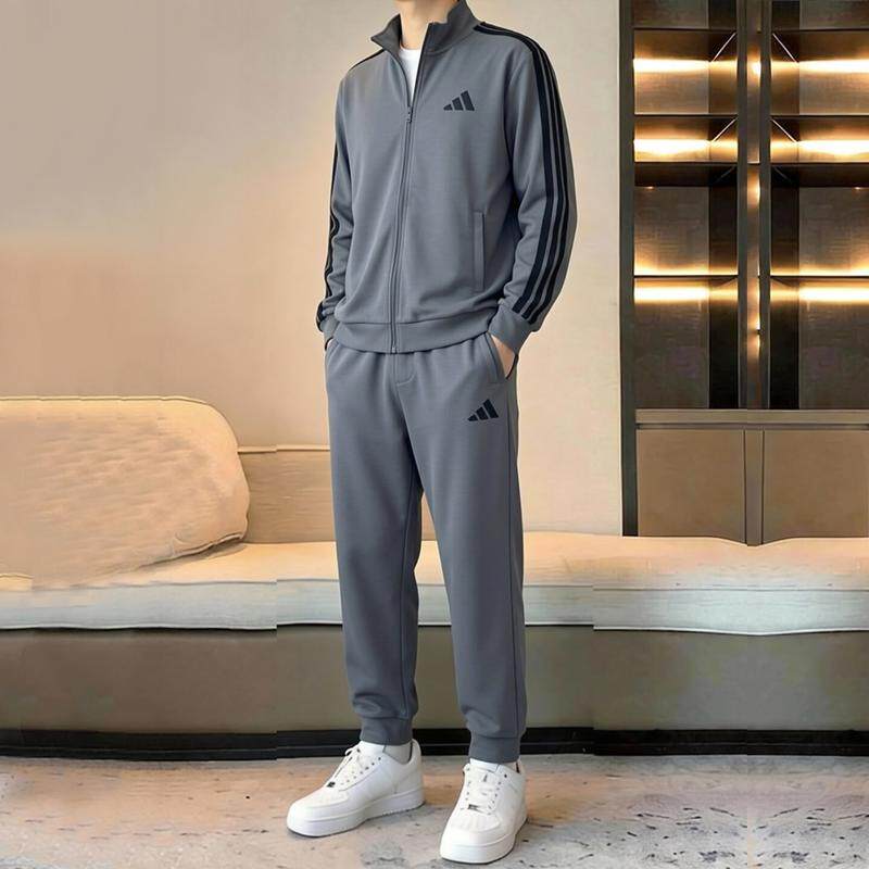 阿迪达斯运动套装男秋新款篮球灰色宽松针织外套收口男士长裤卫裤