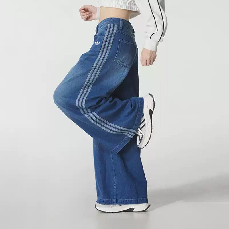 阿迪达斯三叶草女款深蓝白三条杠复古宽松牛仔裤高腰阔腿拖地长裤