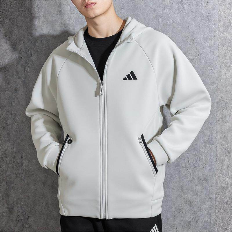 阿迪达斯外套男装新款灰色宽松防风运动服针织休闲连帽开衫夹克