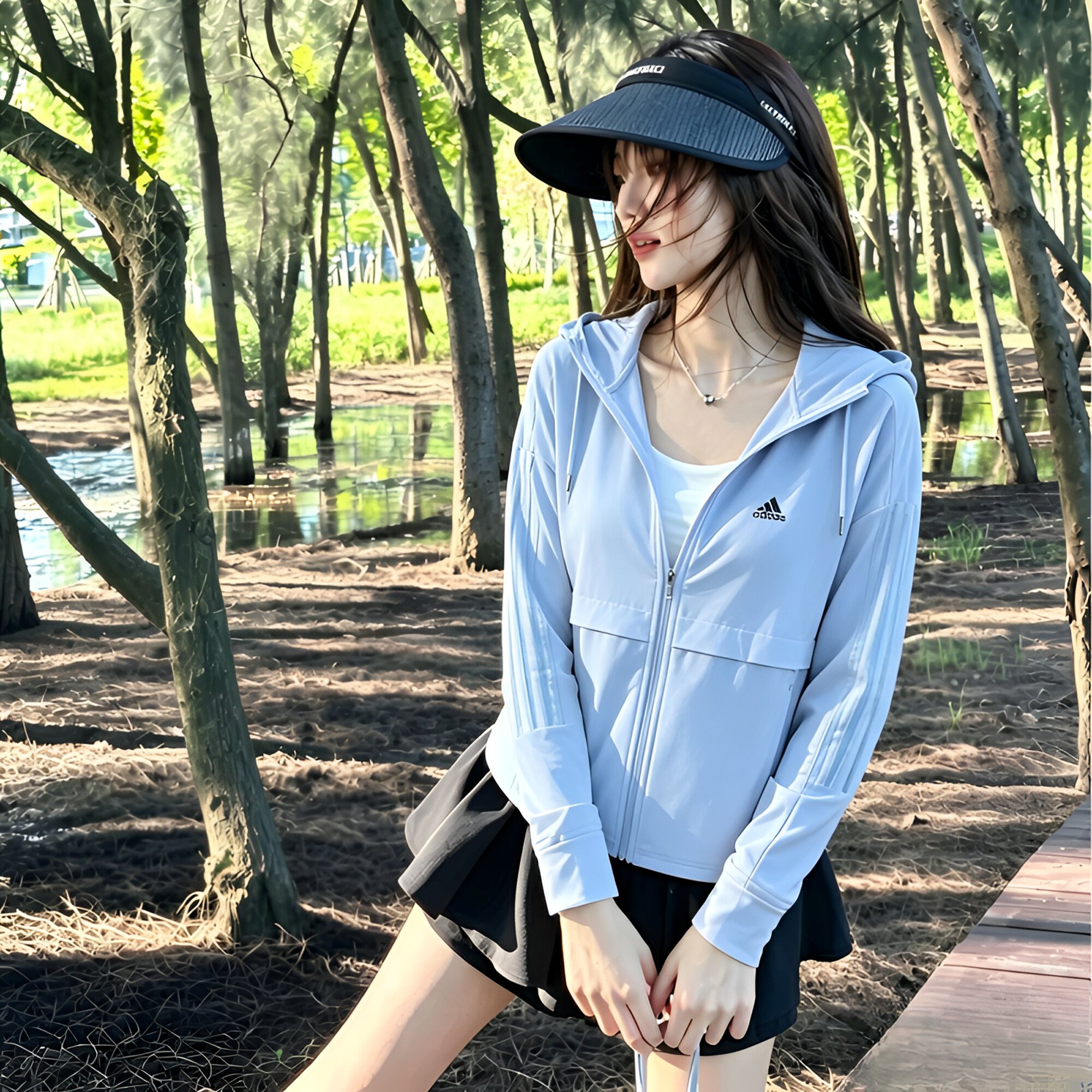 Adidas阿迪达斯女子春夏显瘦清新又显活力浅蓝色户外休闲防晒外套