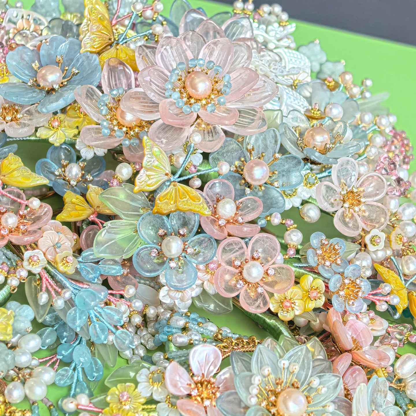 墨涧花孤品系列海蓝宝粉水晶发饰套装古风汉服头饰原创设计