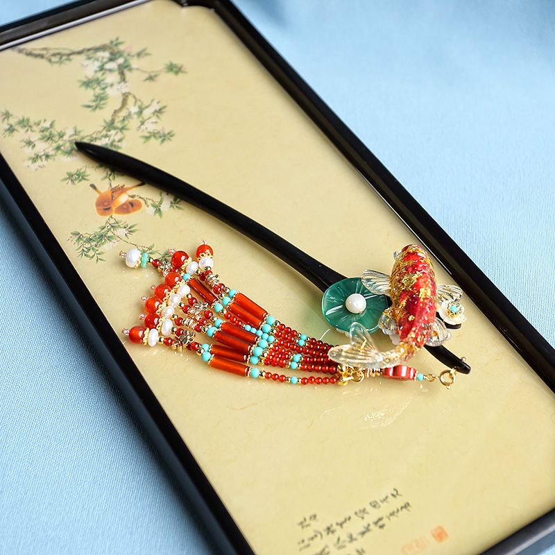 墨涧花原创黑檀木锦鲤发簪