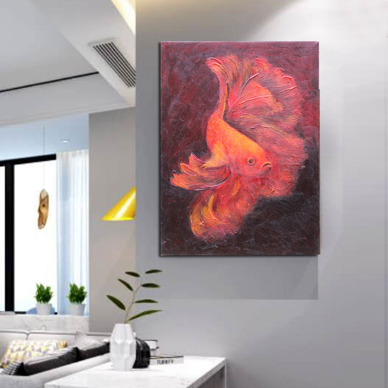 纯手绘年年有鱼装饰油画客厅书房挂画轻奢北欧简约竖版成品画无框图片