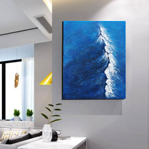 纯手绘抽象蓝色海浪成品丙烯刮刀肌理画油画客厅装饰画艺术挂画