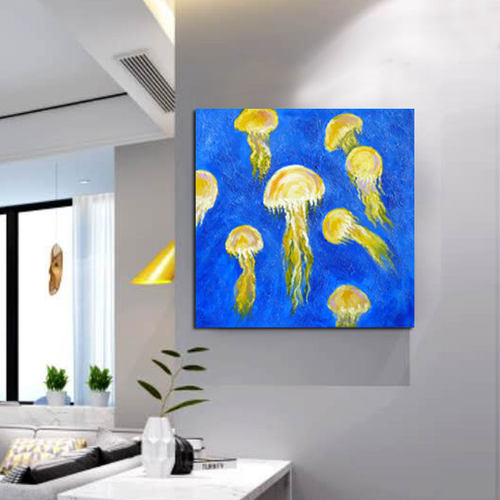 纯手绘油画海洋水母抽象肌理挂画书房玄幻立正方形50cm丙烯装饰画