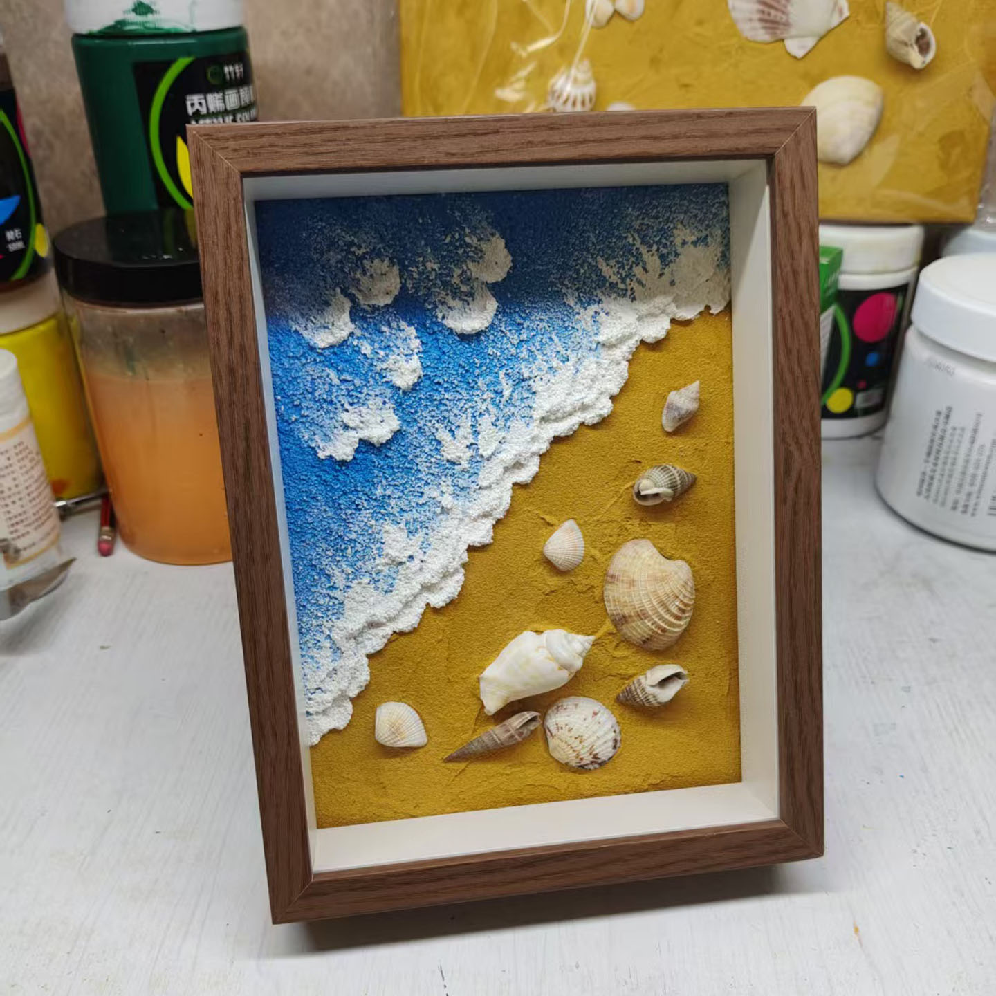 稀有螺贝肌理画成品沙滩现代立体肌理海螺贝壳丙烯油画旅游纪念品