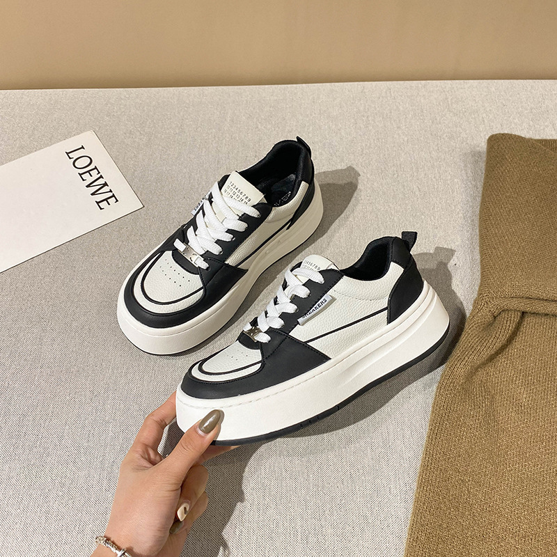 厚底真皮小白鞋女2025年新款百搭系带黑白运动鞋增高板鞋休闲鞋