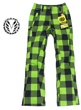 Medsaye 黑绿色方格女士棉双板滑雪裤