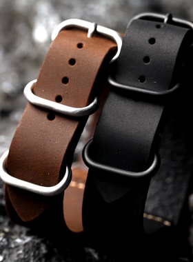 手工NATO 真皮表带20MM 22MM 24MM头层牛皮表带G10复古男棕黑表链