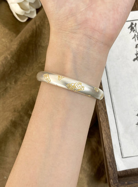 足银9999招财猫手镯新中式国风描金吉言古法纯银镯子情人节礼物