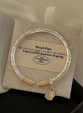 新中式国风足银999.9吉言手镯纯银古法描金招财猫吊坠镯子送女友