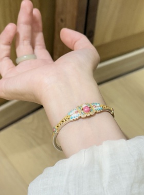 新中式足银999.9珐琅彩手镯国风纯银福禄花丝镯子轻奢情人节礼物