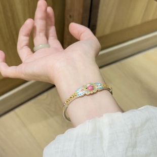 新中式足银999.9珐琅彩手镯国风纯银福禄花丝镯子轻奢情人节礼物