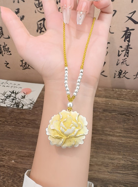 足银9999描金牡丹花纯银项链新中式国风手工编绳毛衣链送节日礼物