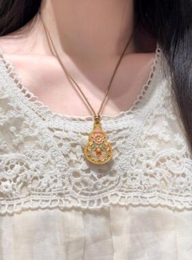 海棠花葫芦  探窗足银999.9新中式精致珐琅彩描金银吊坠送礼物