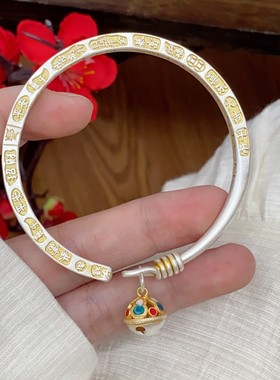 新中式国风珐琅彩宫铃足银9999手镯纯银描金吉言镯子情人节礼物