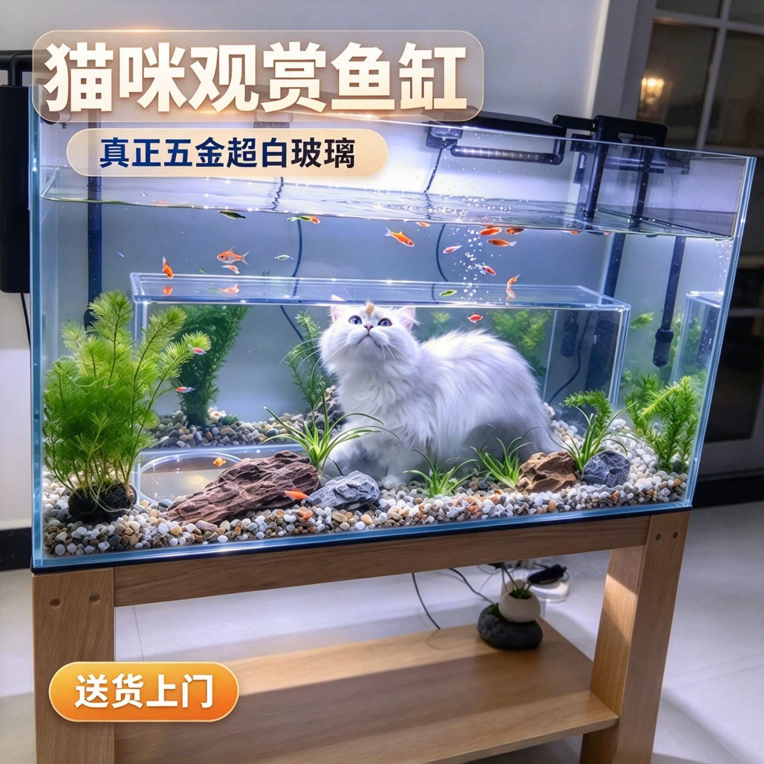 2026新款网红猫咪观赏鱼缸猫猫可钻观景猫窝金晶超白玻璃一体猫缸