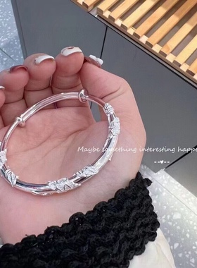 9999纯银手镯女复古时尚花枝圆棍实心开口亮面足银镯子简约年轻款