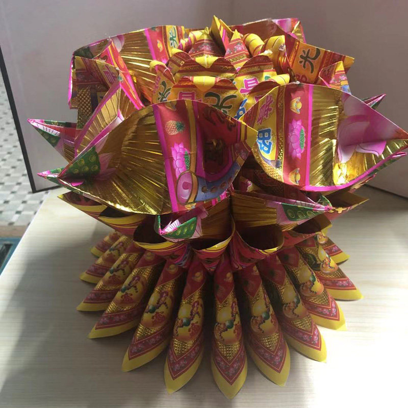 新版单面大莲花金镭射纸可折大莲花莲花底座元宝桃子尺寸26x28cm