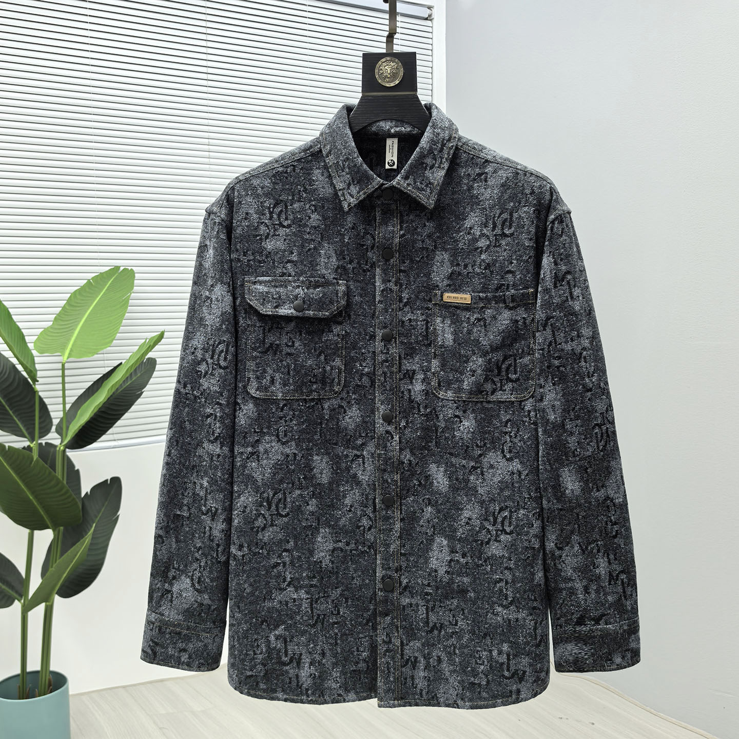 美式做旧水洗提花！秋季男士纯色百搭潮流宽松翻领牛仔夹克外套潮