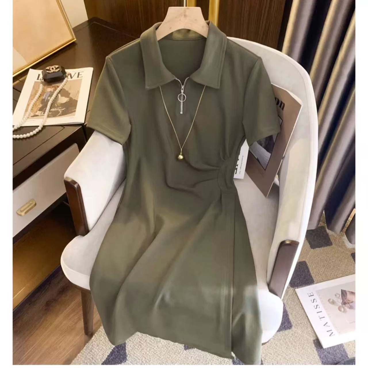 绿色polo拉链开叉连衣裙女2连衣裙
