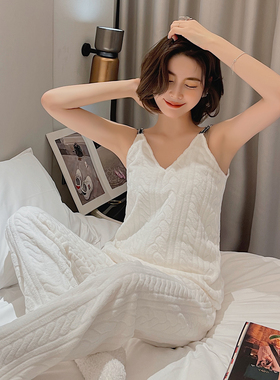 冬季必入睡衣内搭两件套chao级居家伴侣珊瑚绒吊带背心法兰绒长裤