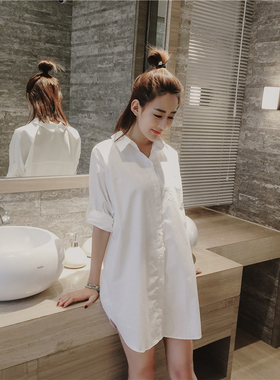 白衬衫男友风大码睡裙冰丝性感睡衣女纯棉可外穿长袖款夏季家居服