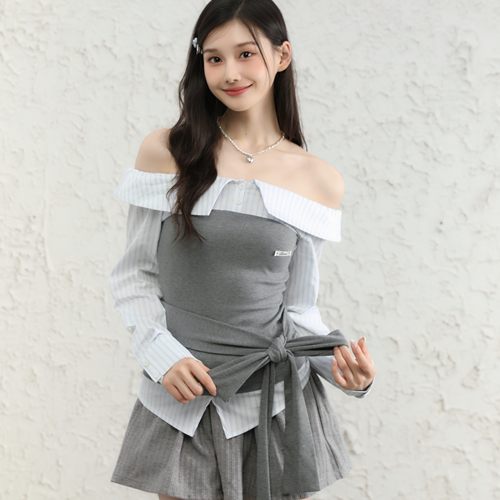 LENNEA衬衫拼接一字肩绑带长袖上衣秋季新款小众风设计感衬衣女