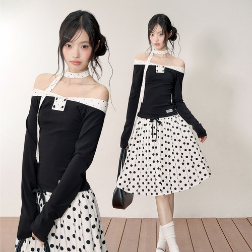 LENNEA撞色波点芭蕾风一字肩长袖T恤女收腰显瘦绝美露肩辣妹上衣