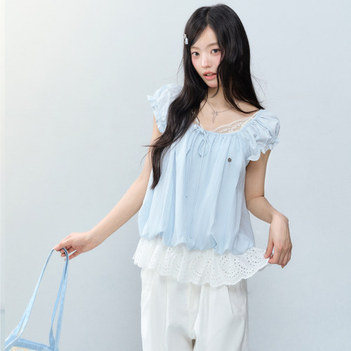 LENNEA蕾丝拼接花边短袖衬衫女夏季甜美减龄纯棉花苞袖方领上衣