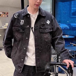 欧美潮牌牛仔外套男女破洞欧货十字架刺绣马蹄上衣设计感小众夹克