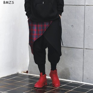 秋季山本风黑暗系嘻哈裙裤小众设计男黑武士裤子格子假两件九分裤