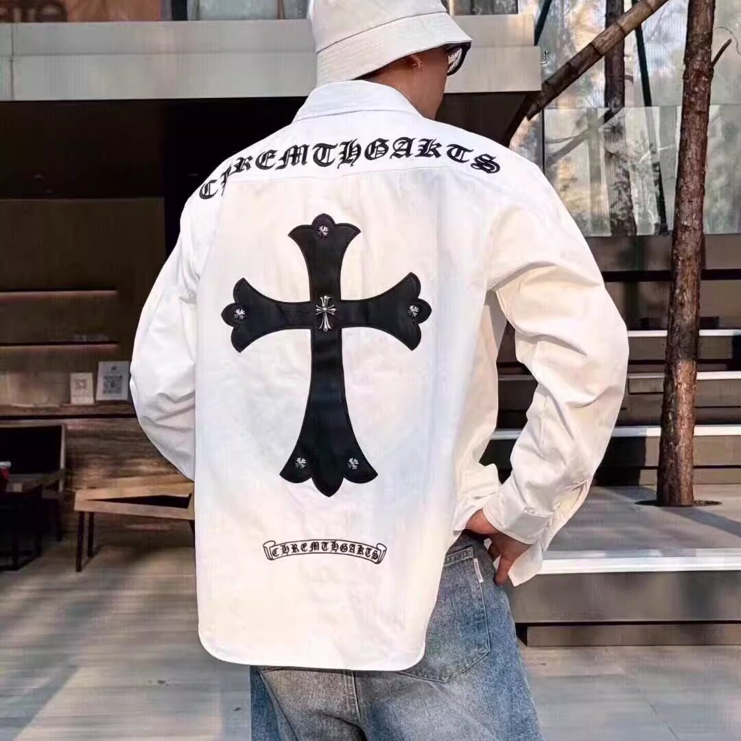 网红潮牌情侣十字架拼色衬衫男女复古皮标衬衣外套宽松慵懒风上衣,男装,衬衫,淘宝优惠券,粉丝福利购,淘宝优惠卷