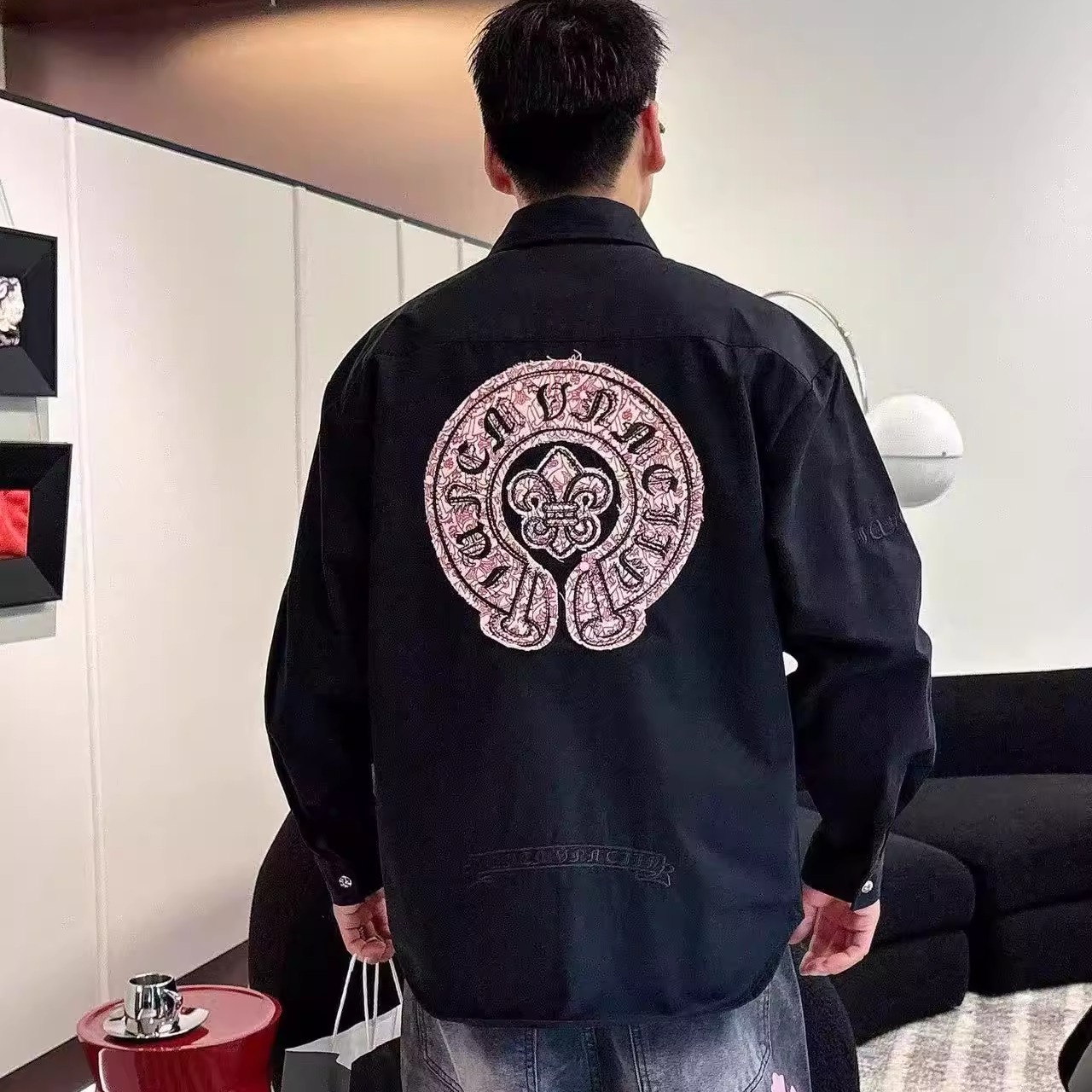 2025潮牌马蹄梵文十字架贴布刺绣男女宽松衬衫设计师款慵懒风上衣