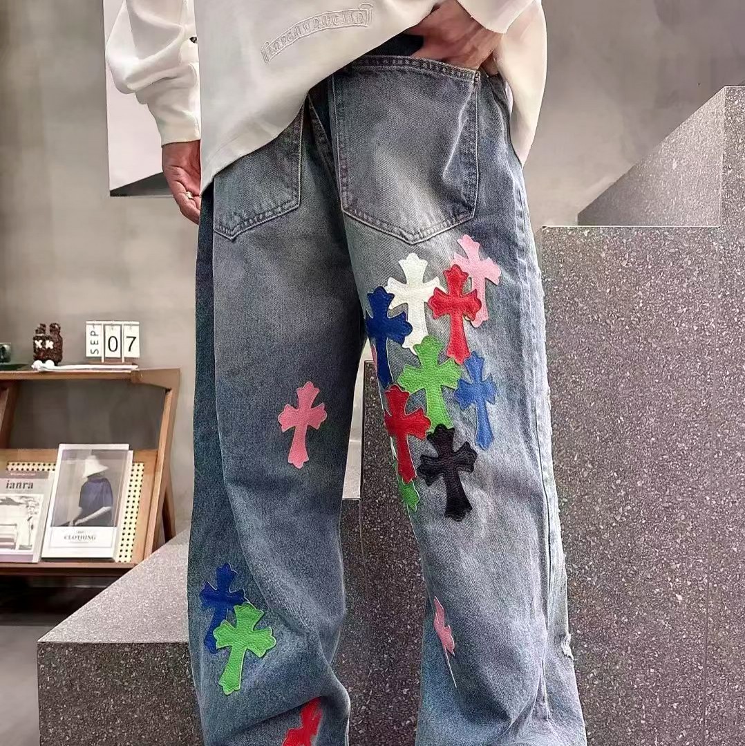 设计感彩色十字架破洞牛仔裤宽松阔腿裤直筒洗水贴皮慵懒风宽松潮