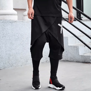 韩版 嘻哈七分裤 hiphop宽松潮牌哈伦街舞短裤 子男垮裤 假两件裤 秋季