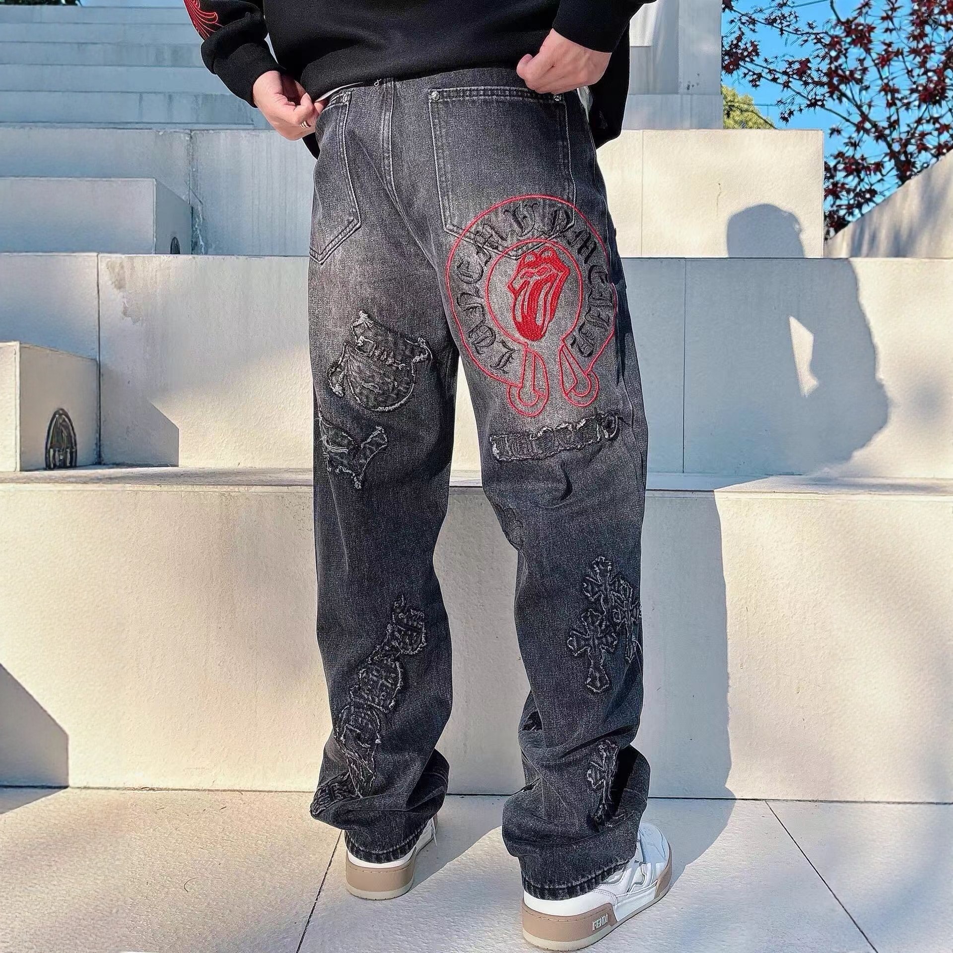 高货马蹄水洗网红洋气炸街十字架刺绣牛仔裤阔腿情侣直筒宽松显瘦,男装,牛仔裤,淘宝优惠券,粉丝福利购,淘宝优惠卷