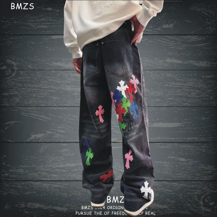 十字架破洞牛仔裤宽松阔腿裤