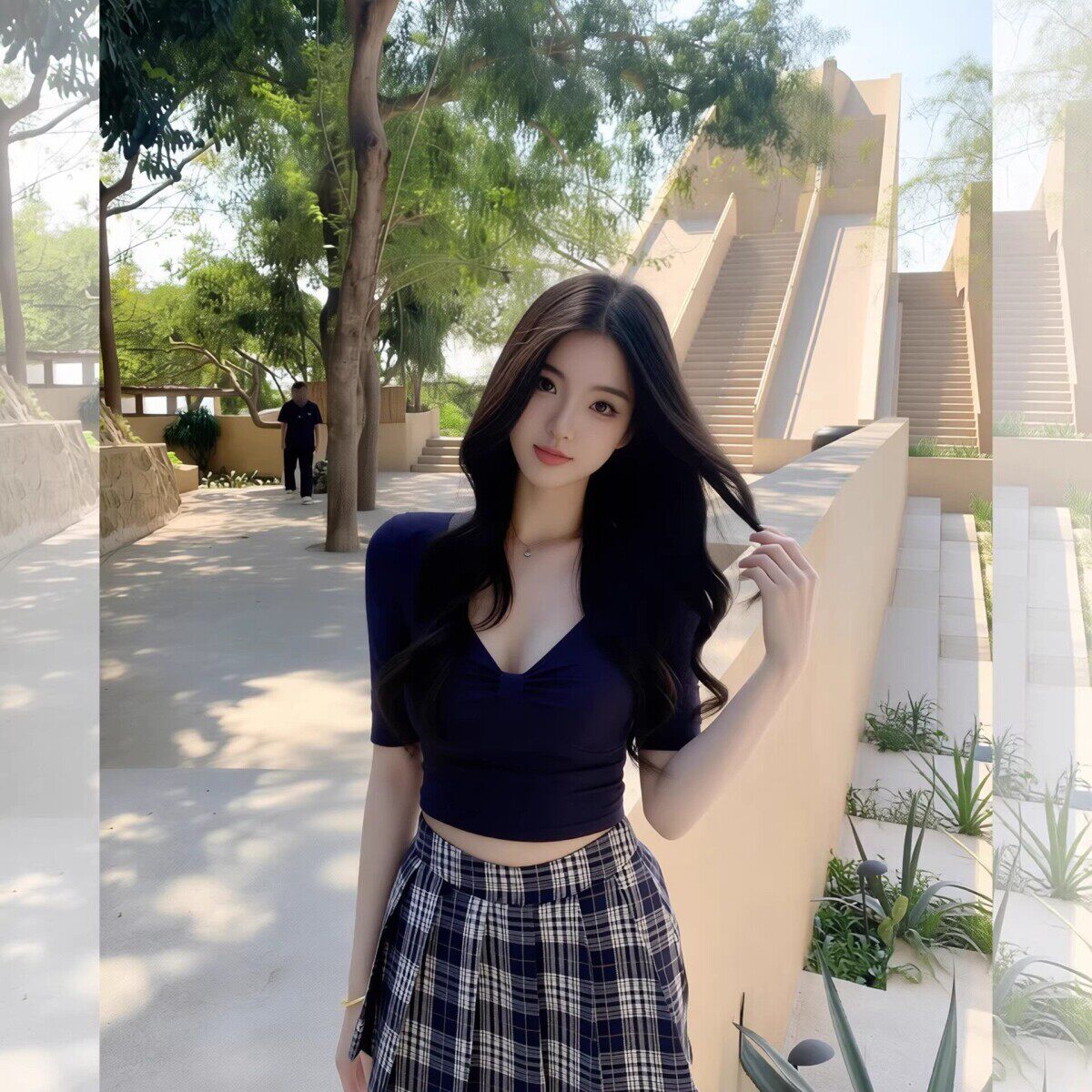纯欲v领扭结设计感短袖t恤女韩系a字百褶短裙夏季独特漂亮一整套