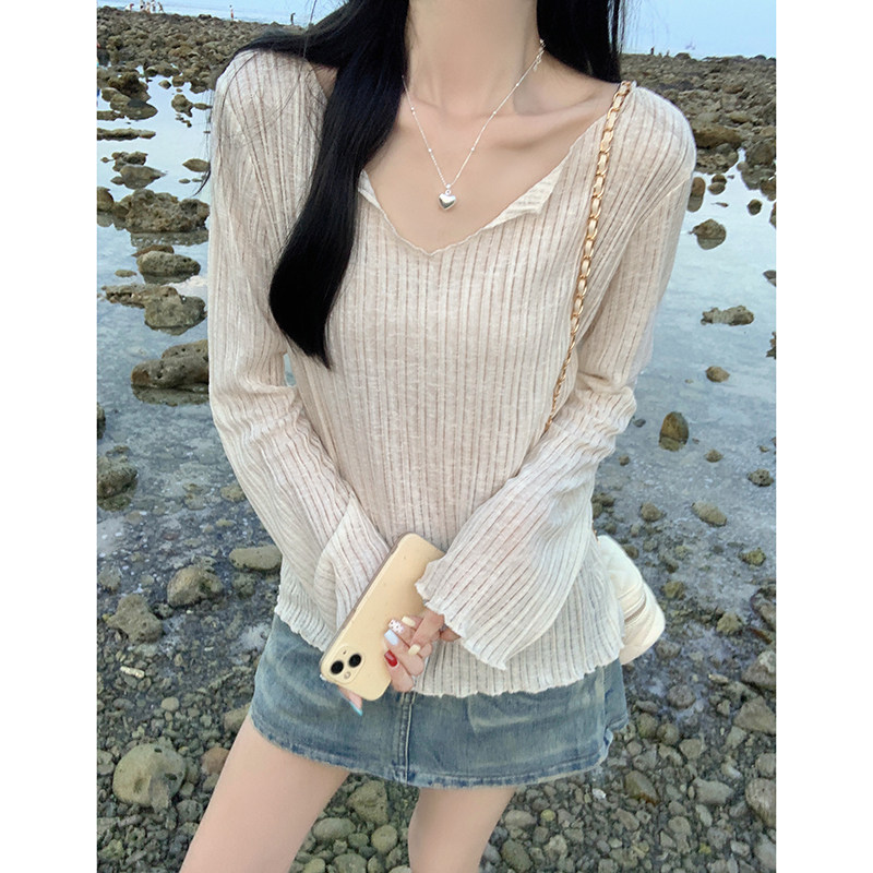 实拍实价休闲风长袖防晒罩衫夏季薄款条纹宽松百搭上衣