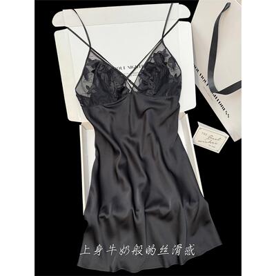 网纱透视花瓣吊带黑色睡裙女夏冰丝性感纯欲高级交叉美背大码睡衣