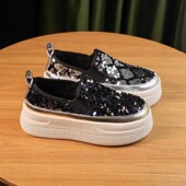 爆款 增高帆布鞋 复古亮片百搭一脚蹬休闲厚底单鞋 新款 女2025年春季